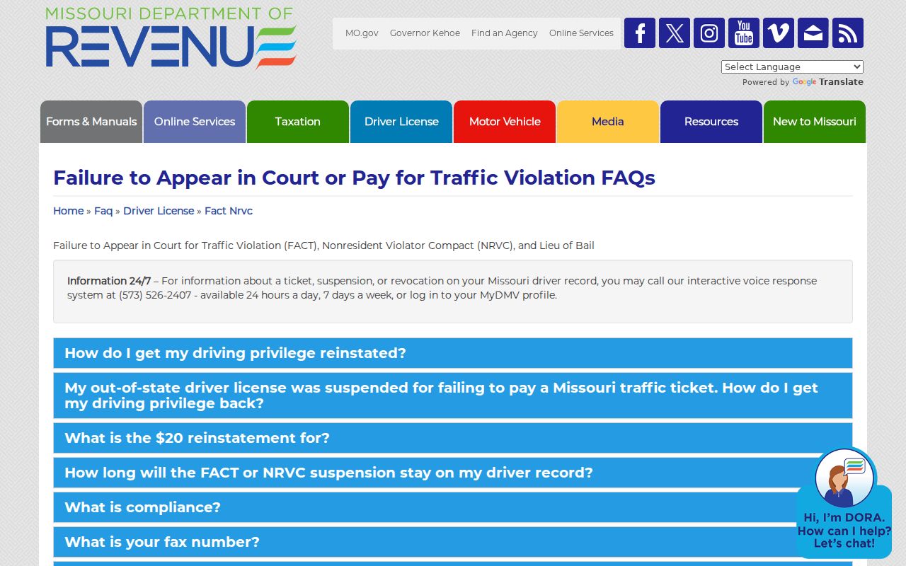 Missouri traffic compliance and license consequence page