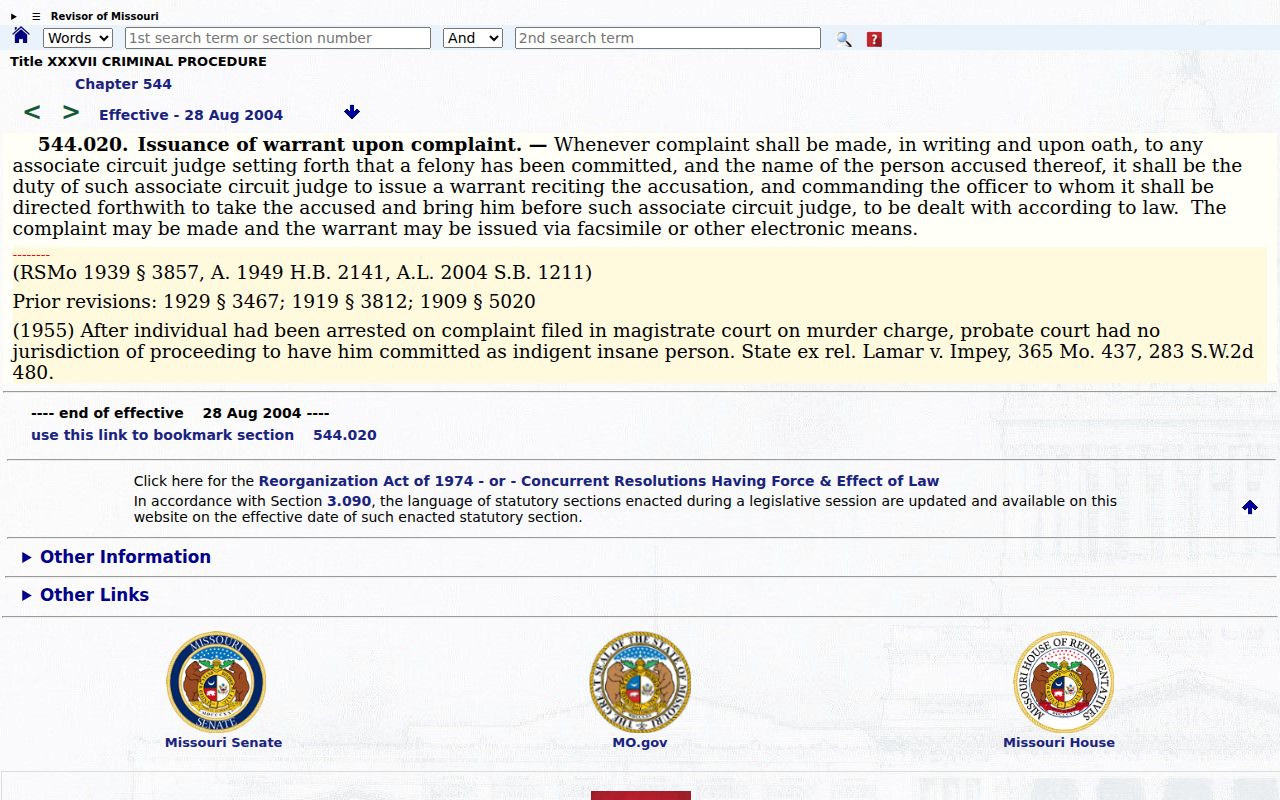 Missouri arrest warrant authority applicable in Henry County