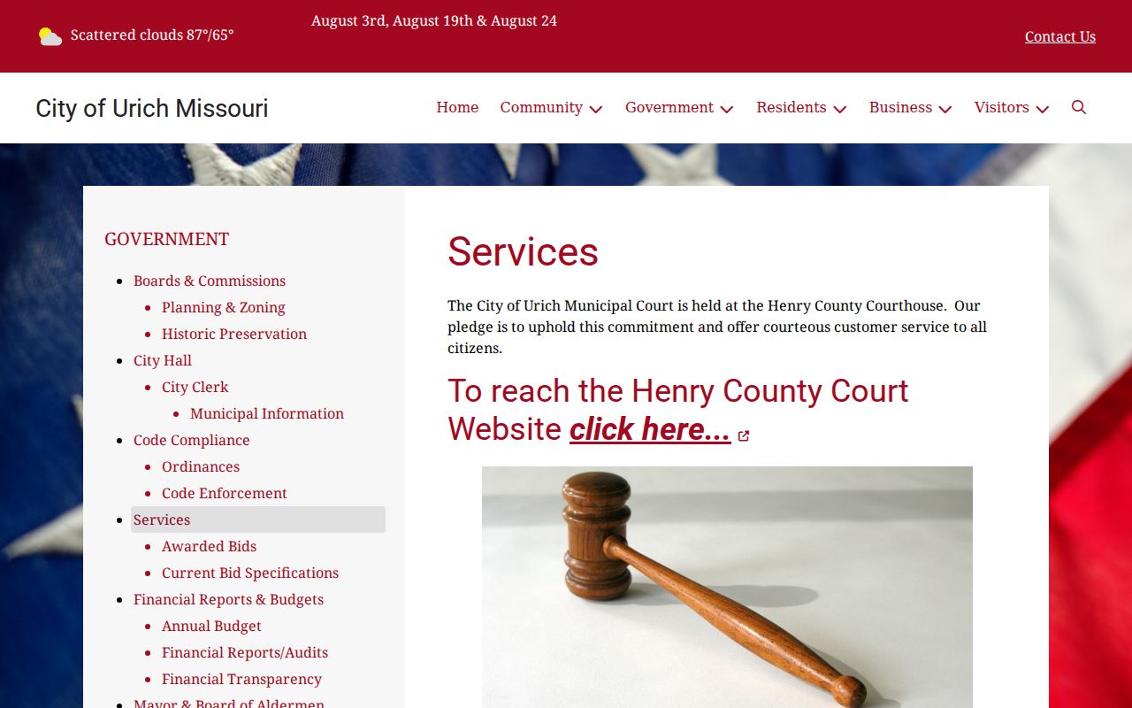 Urich Missouri services page identifying municipal court location