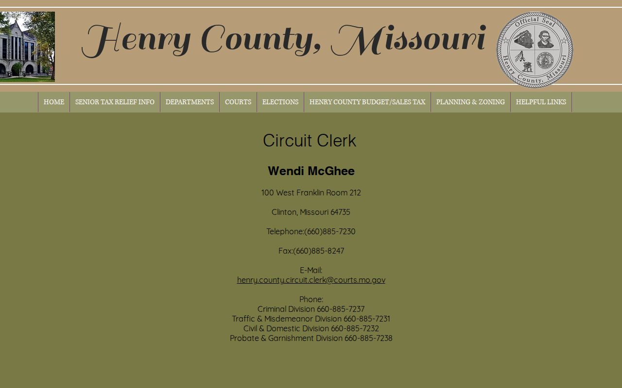 Henry County Circuit Clerk contact page for warrant records